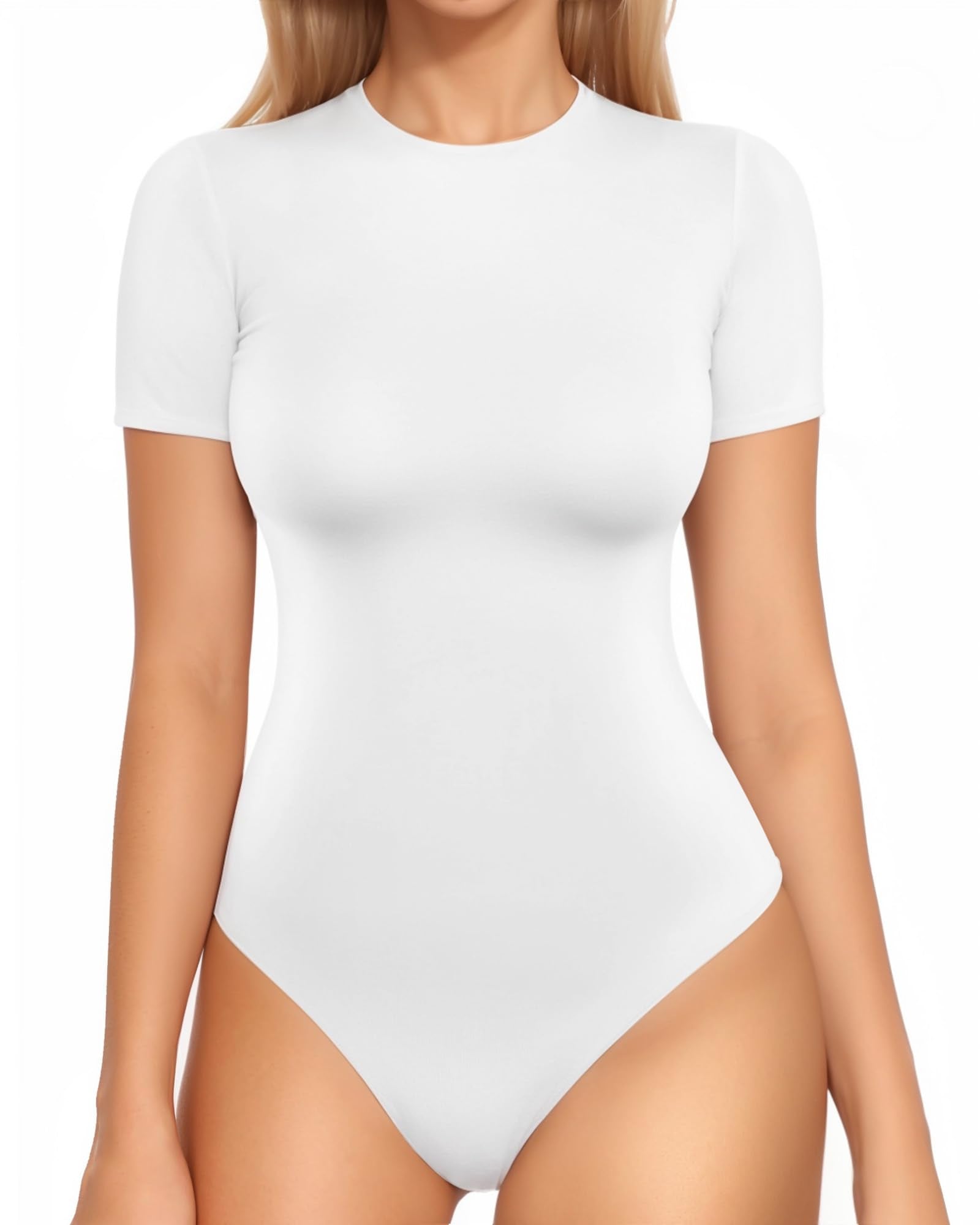 MANGOPOP Womens Short Sleeve Bodysuit Crew Neck Double Lined T-shirt Tops Second Skin Bodysuit Collection