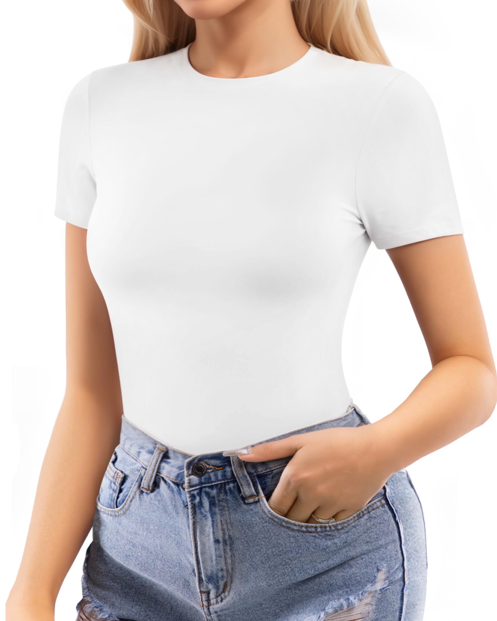 MANGOPOP Womens Short Sleeve Bodysuit Crew Neck Double Lined T-shirt Tops Second Skin Bodysuit Collection