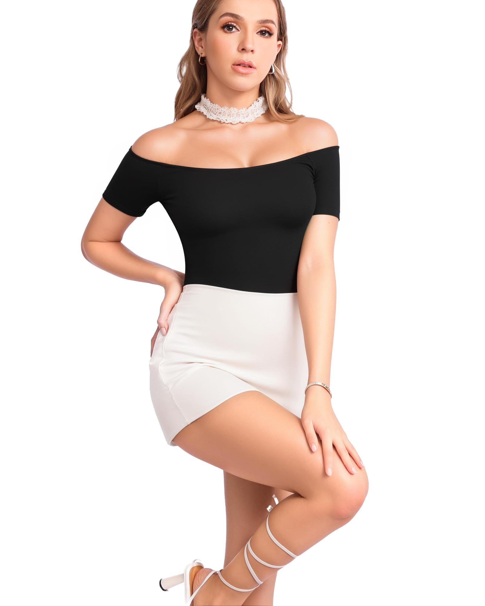 MANGOPOP Off The Shoulder Short Sleeve Bodysuit for Women