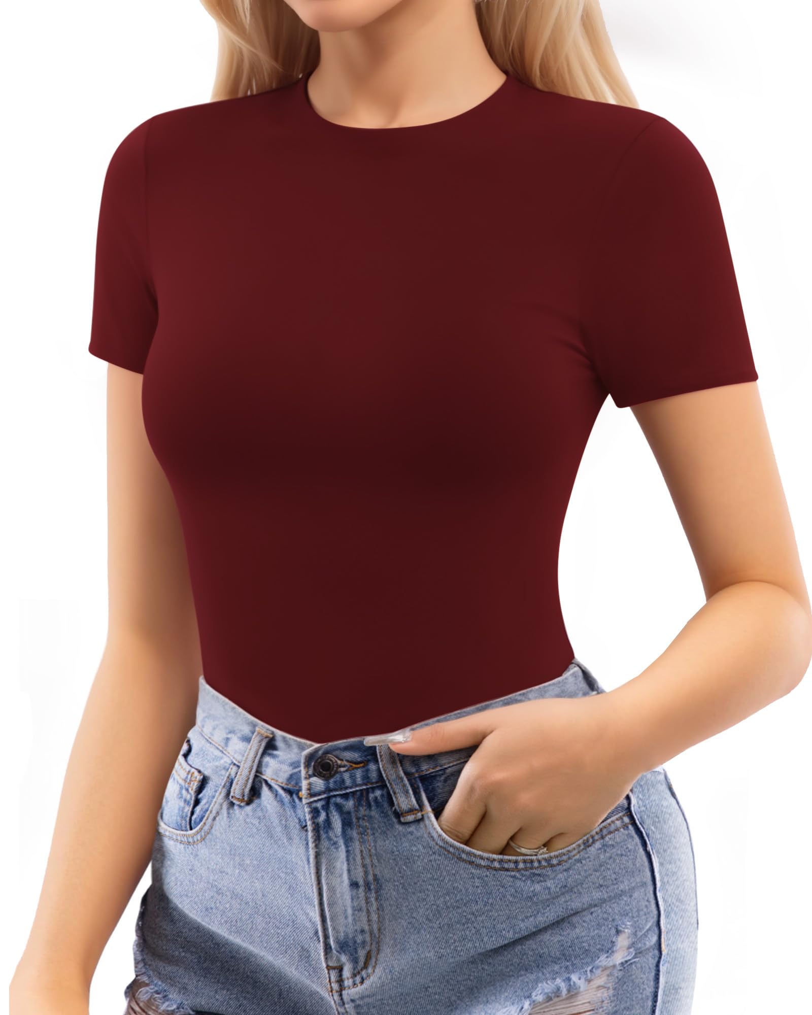 MANGOPOP Womens Short Sleeve Bodysuit Crew Neck Double Lined T-shirt Tops Second Skin Bodysuit Collection