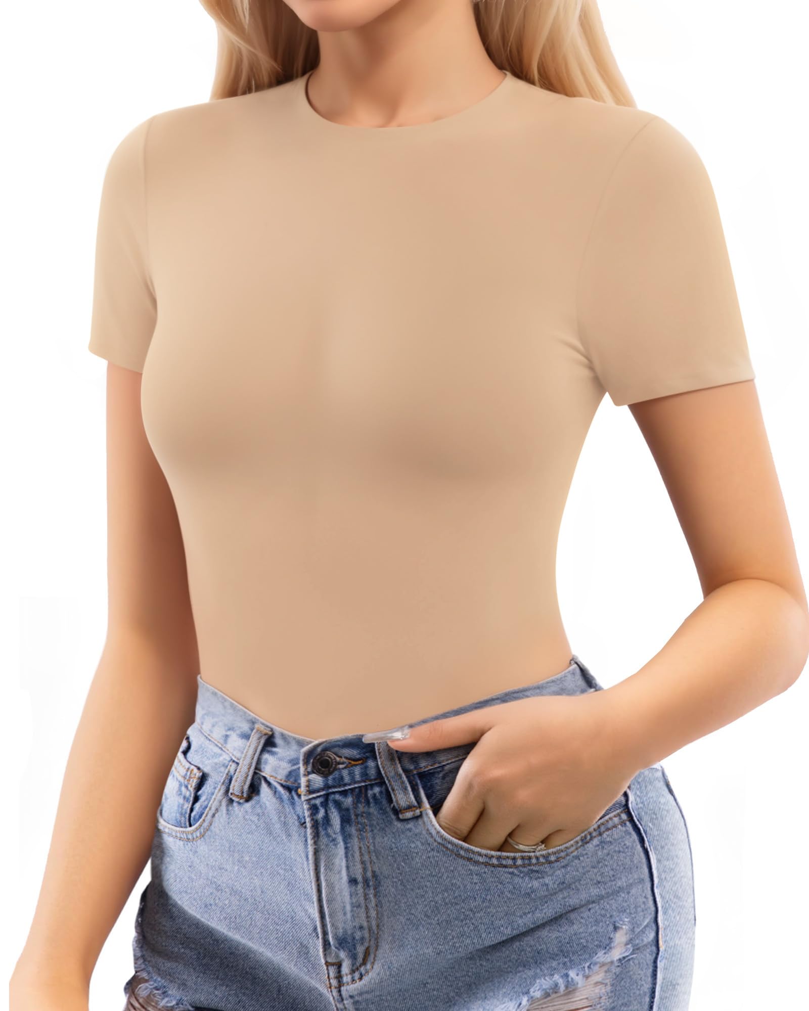 MANGOPOP Womens Short Sleeve Bodysuit Crew Neck Double Lined T-shirt Tops Second Skin Bodysuit Collection
