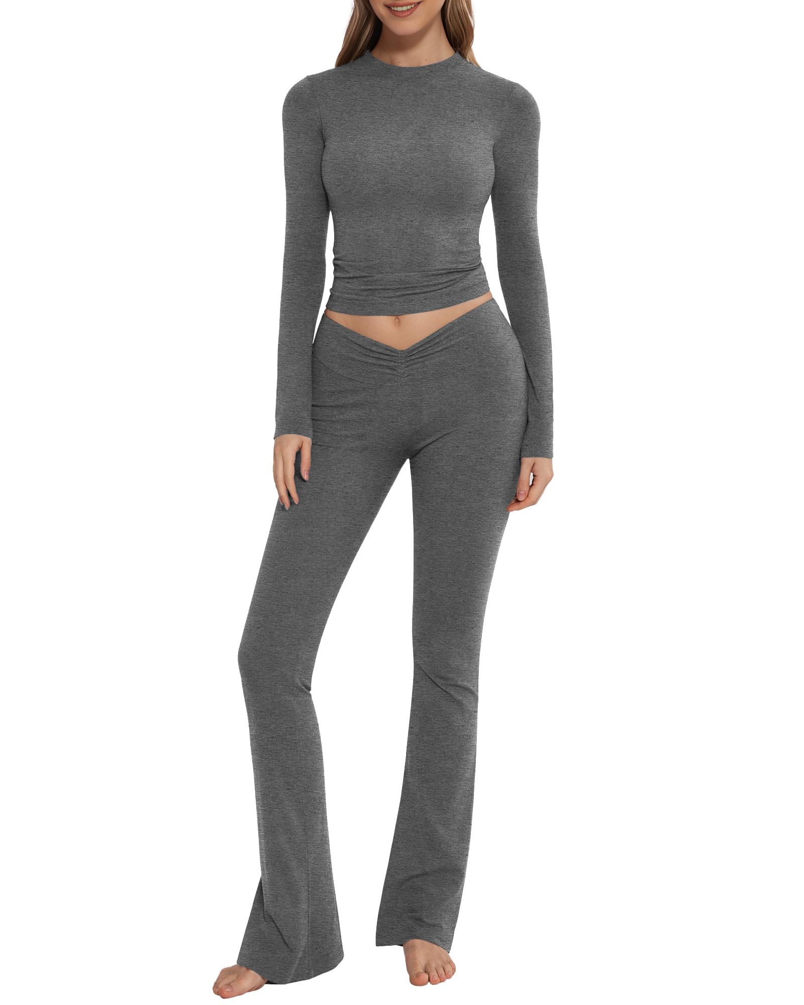 MANGOPOP 2 Piece Lounge Sets for Women Long Sleeve Crew Neck Loungewear Casual Outfits Flare Pants Crop Tops Tracksuit