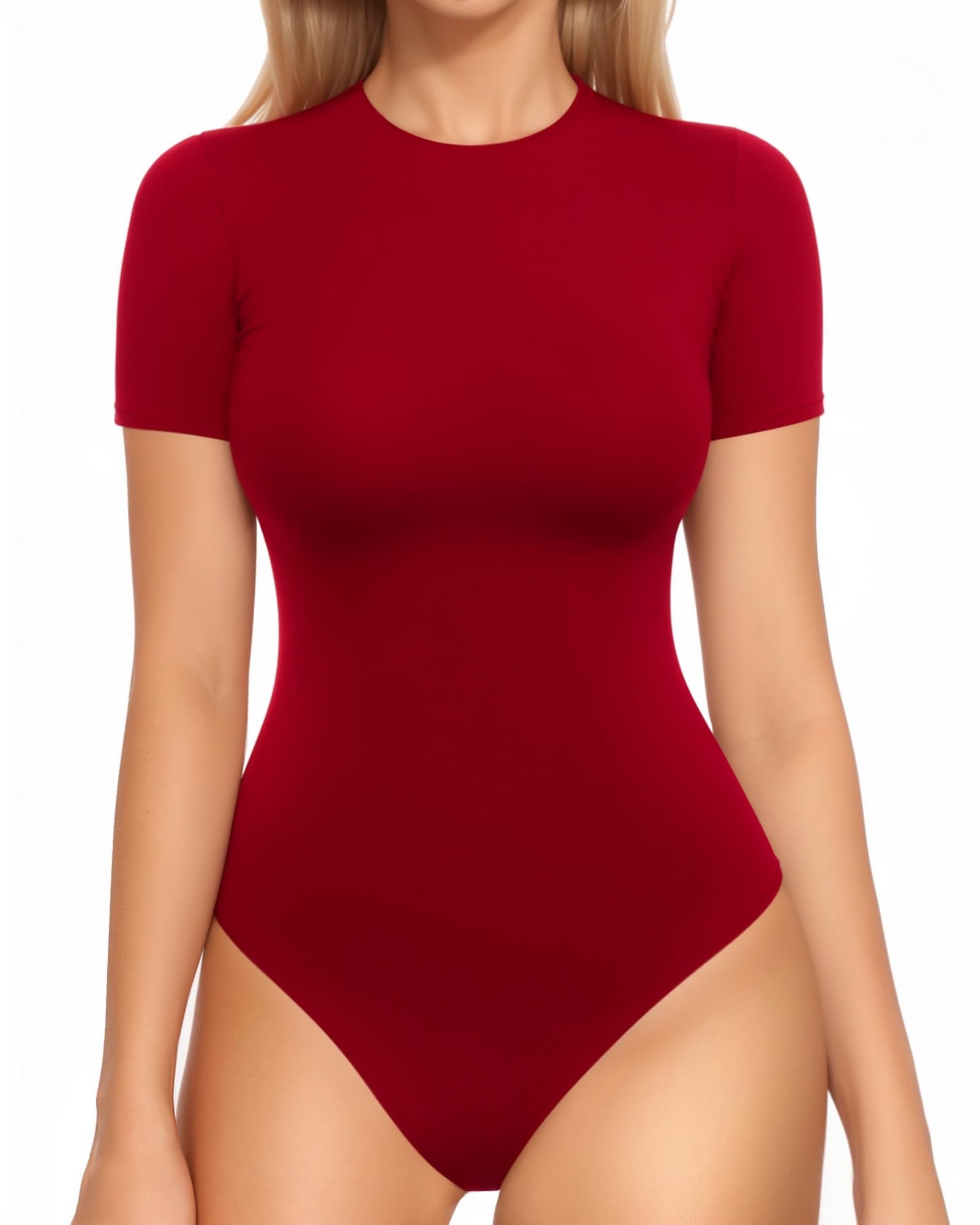 MANGOPOP Womens Short Sleeve Bodysuit Crew Neck Double Lined T-shirt Tops Second Skin Bodysuit Collection