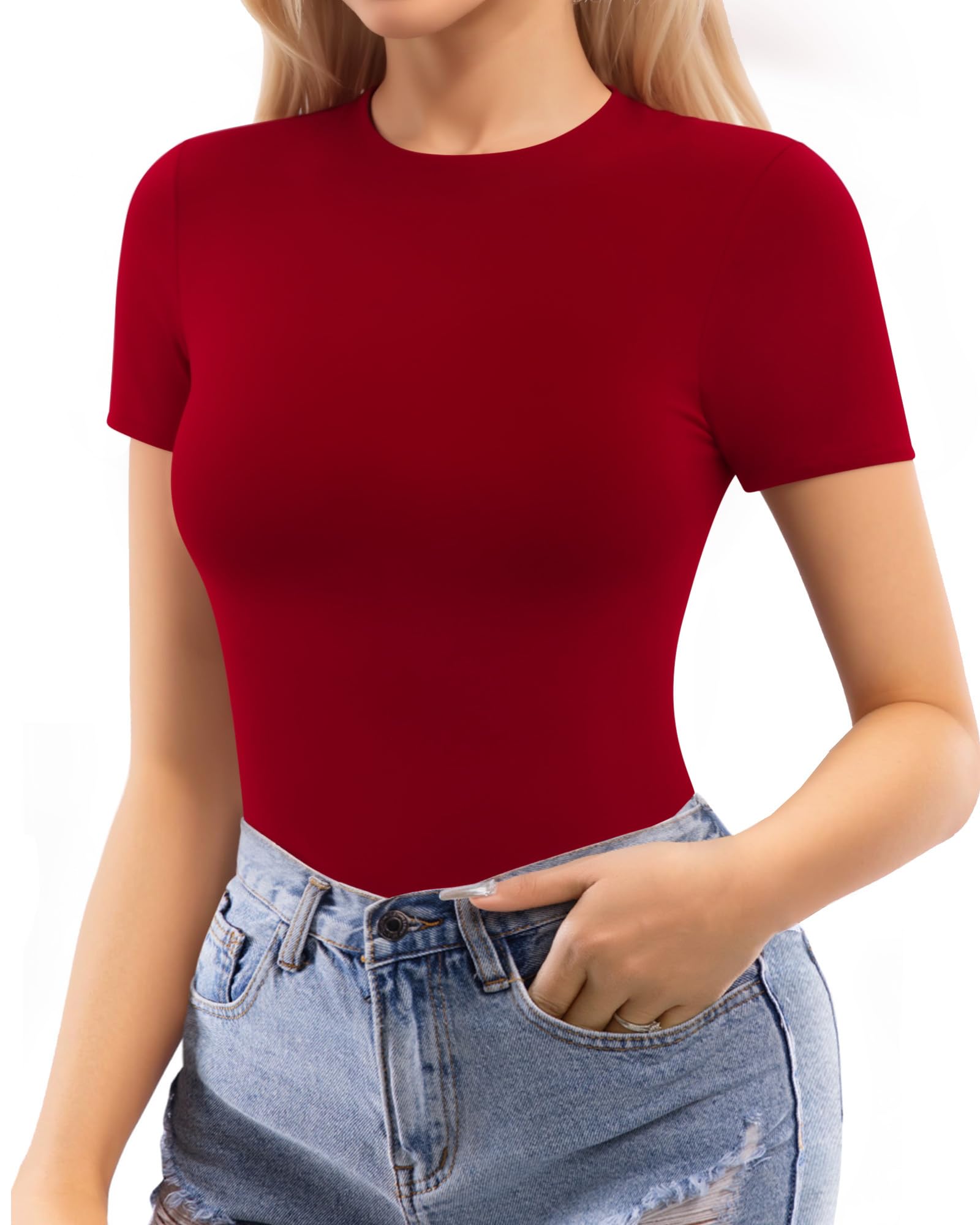 MANGOPOP Womens Short Sleeve Bodysuit Crew Neck Double Lined T-shirt Tops Second Skin Bodysuit Collection