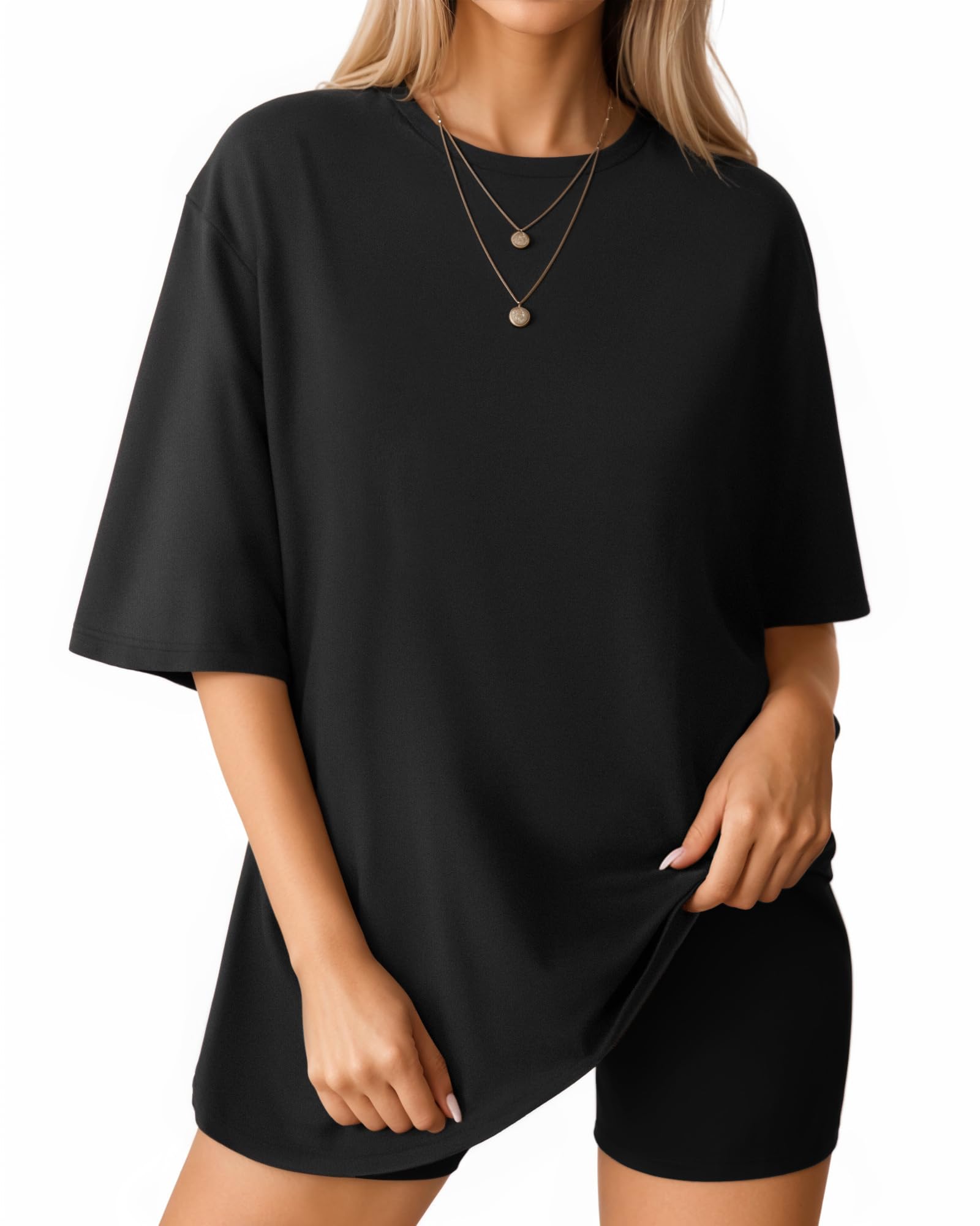 MANGOPOP Women's Oversized T Shirts Short Sleeve Crewneck Loose Fit Tops Summer Basic Tee