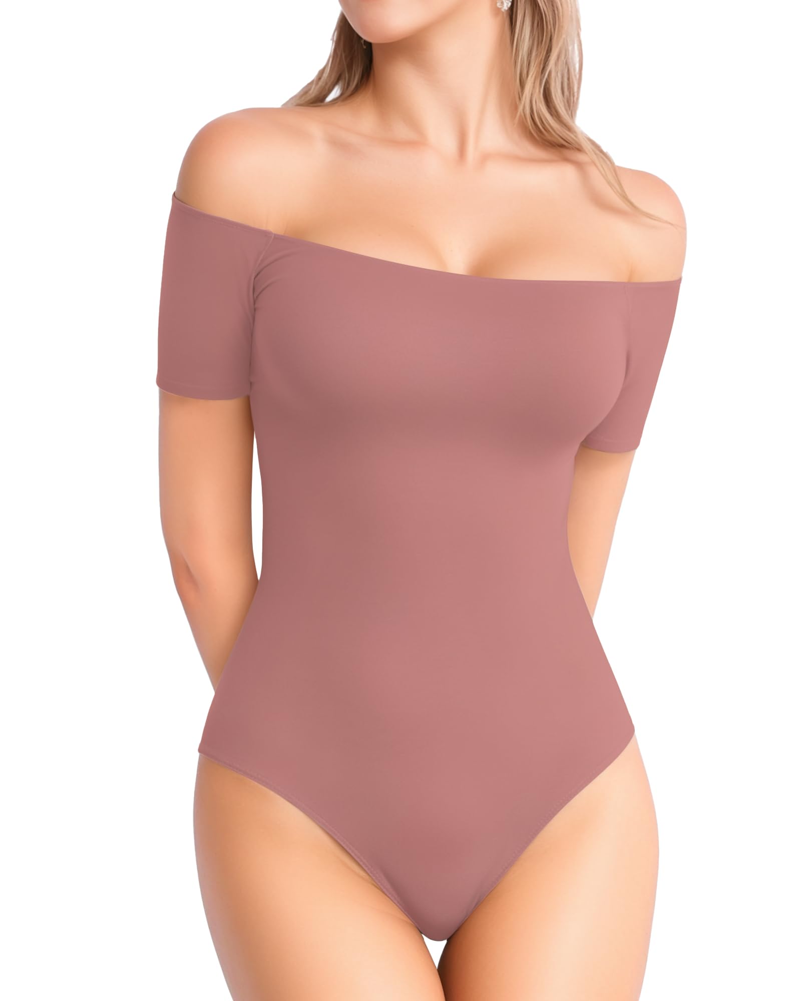 MANGOPOP Off The Shoulder Short Sleeve Bodysuit for Women
