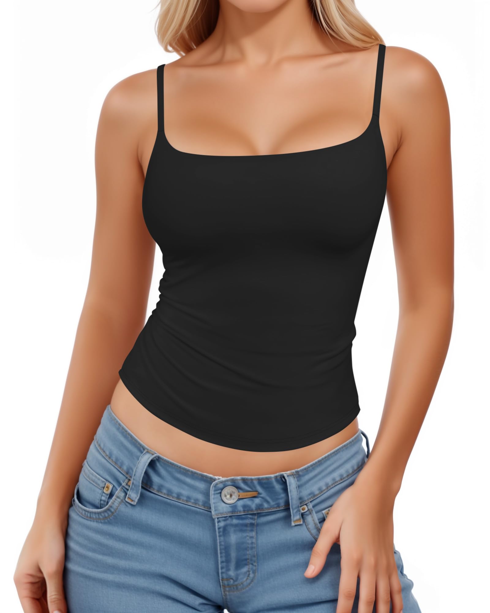 MANGOPOP Womens Tank Tops Square Neck Spaghetti Strap Cami Double Lined Sleeveless Crop Top Sexy Shirts