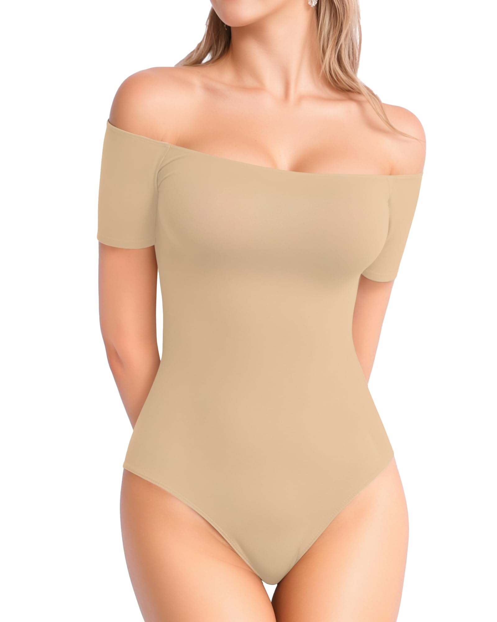 MANGOPOP Off The Shoulder Short Sleeve Bodysuit for Women