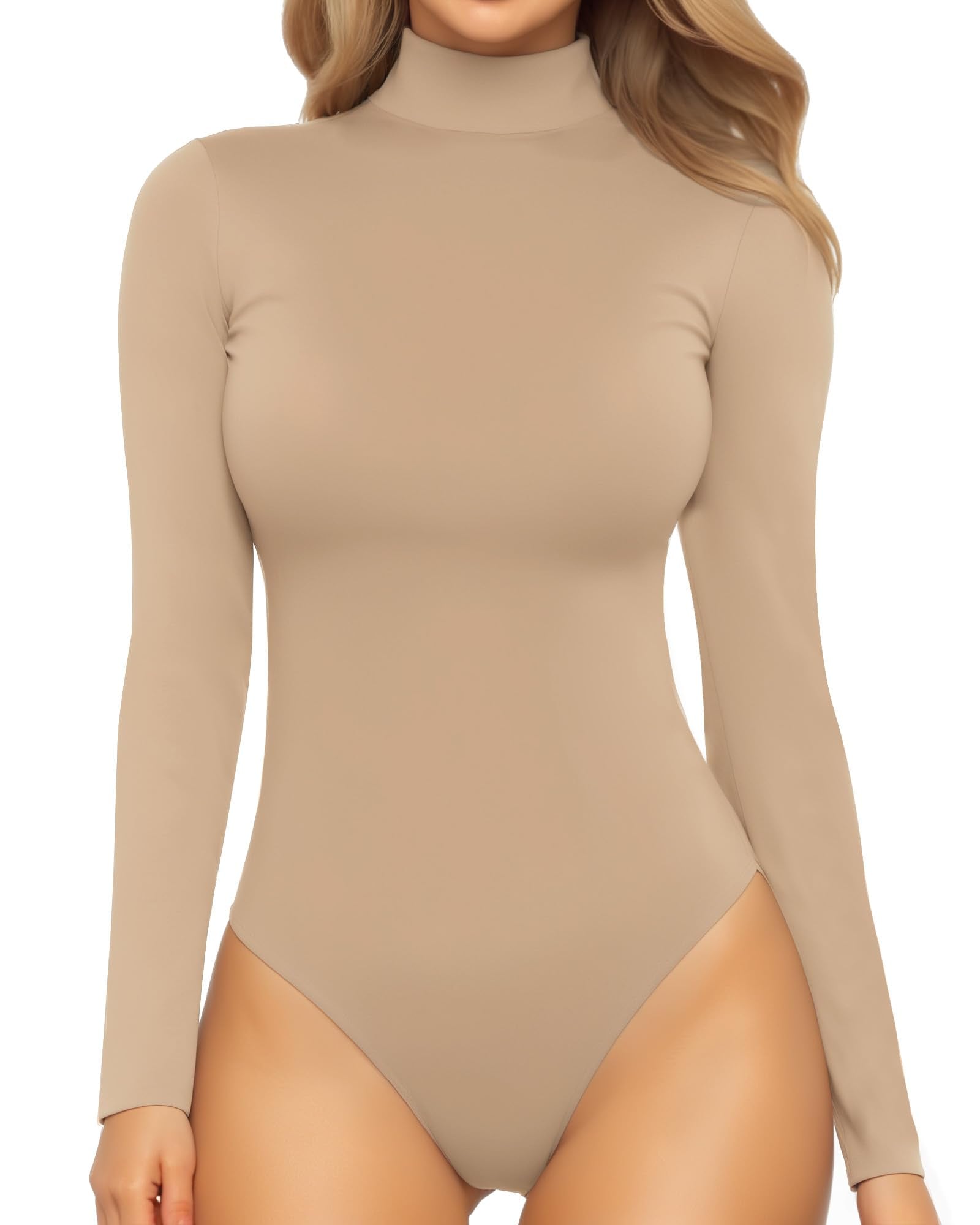 MANGOPOP Women's Mock Turtle Neck Long Sleeve Tops Bodysuit Jumpsuit