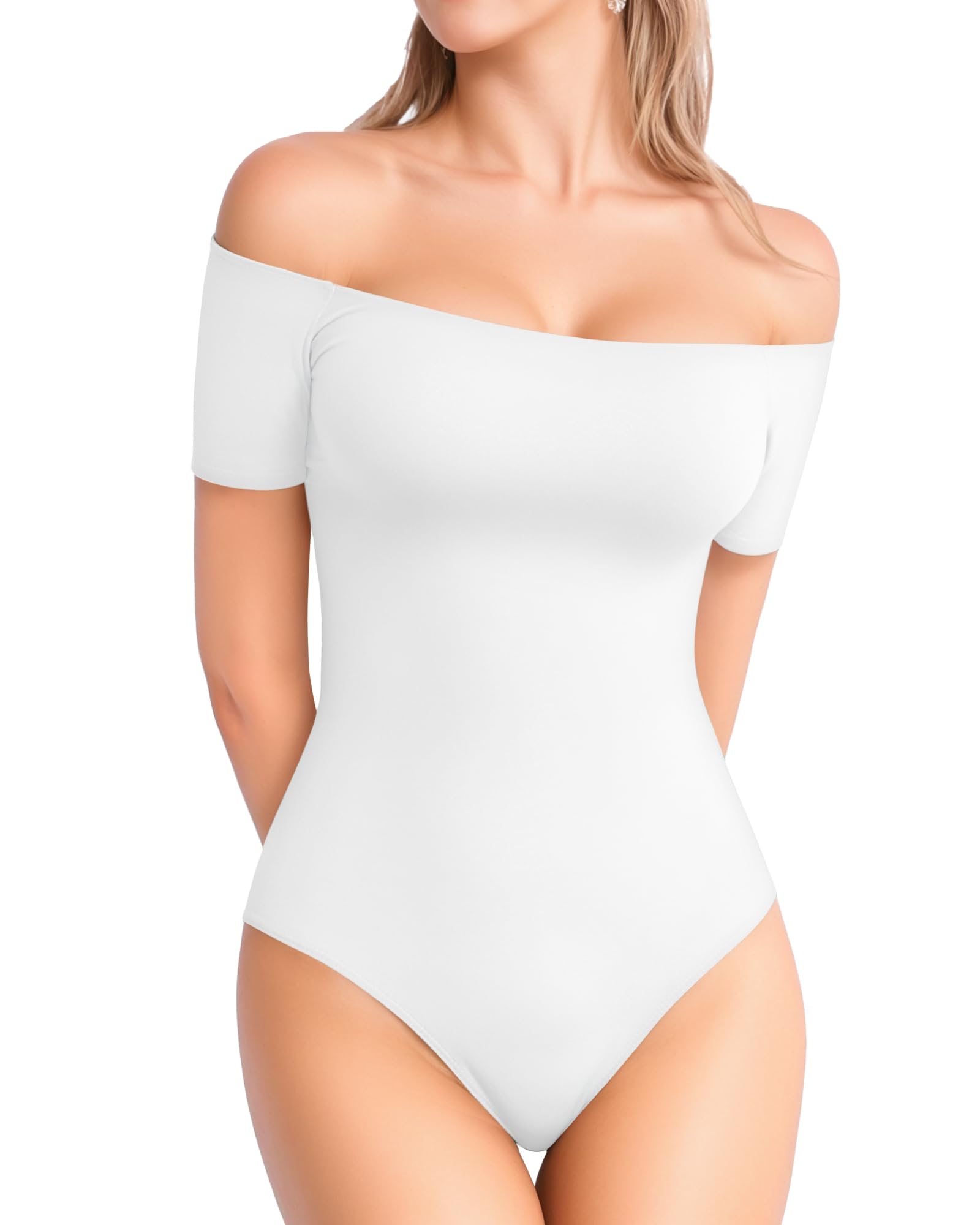 MANGOPOP Off The Shoulder Short Sleeve Bodysuit for Women