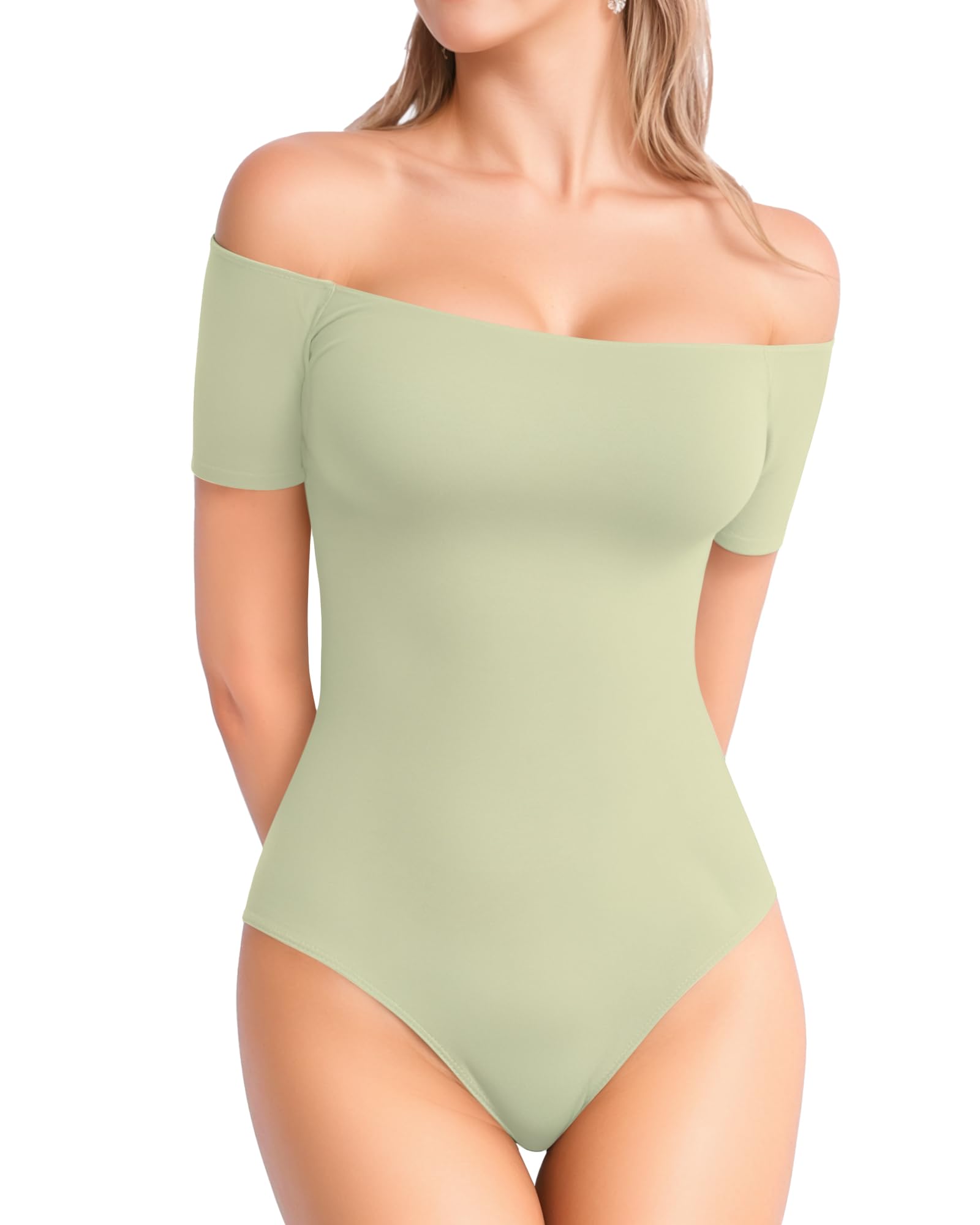 MANGOPOP Off The Shoulder Short Sleeve Bodysuit for Women