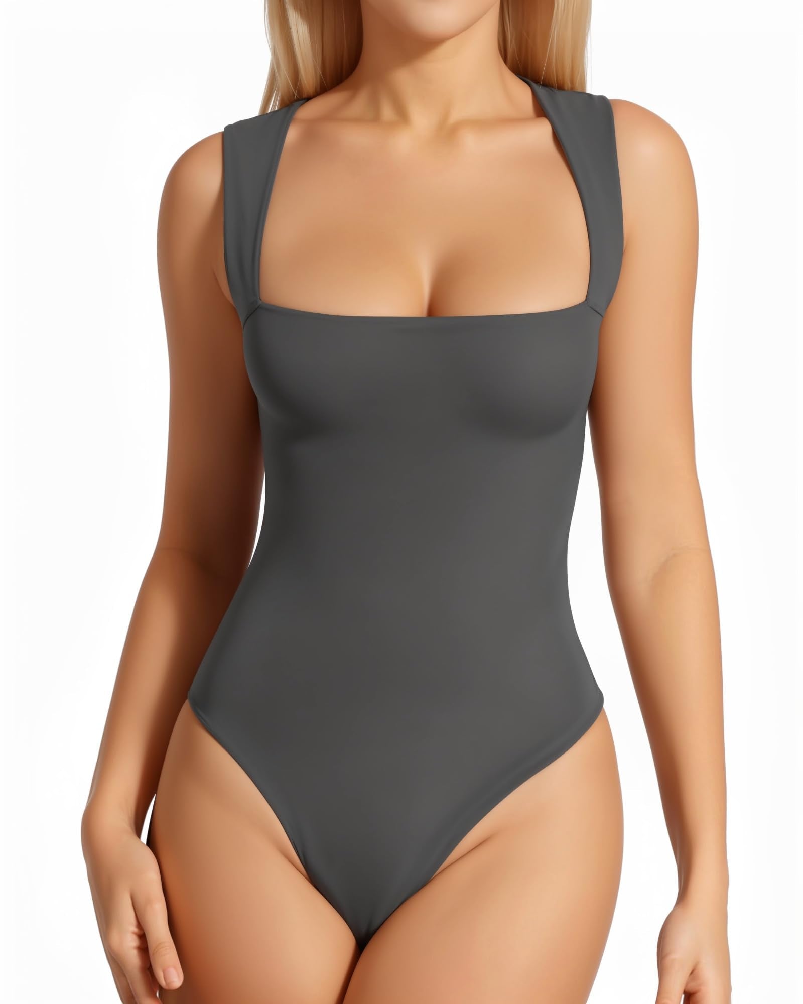 MANGOPOP Summer Tank Top Thong Bodysuit for Women Square Neck Sleeveless Going Out Double Lined Body Suit