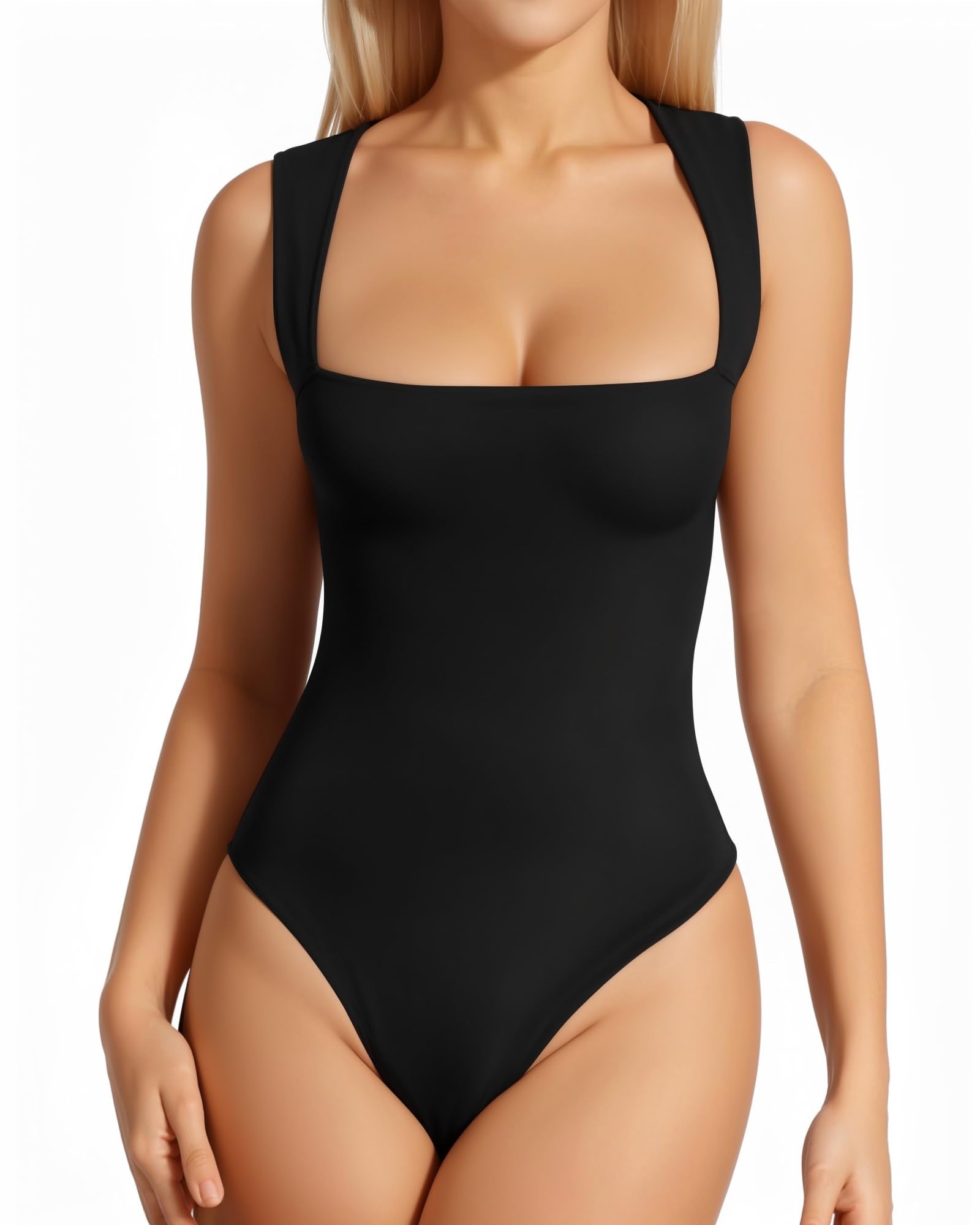 MANGOPOP Summer Tank Top Thong Bodysuit for Women Square Neck Sleeveless Going Out Double Lined Body Suit