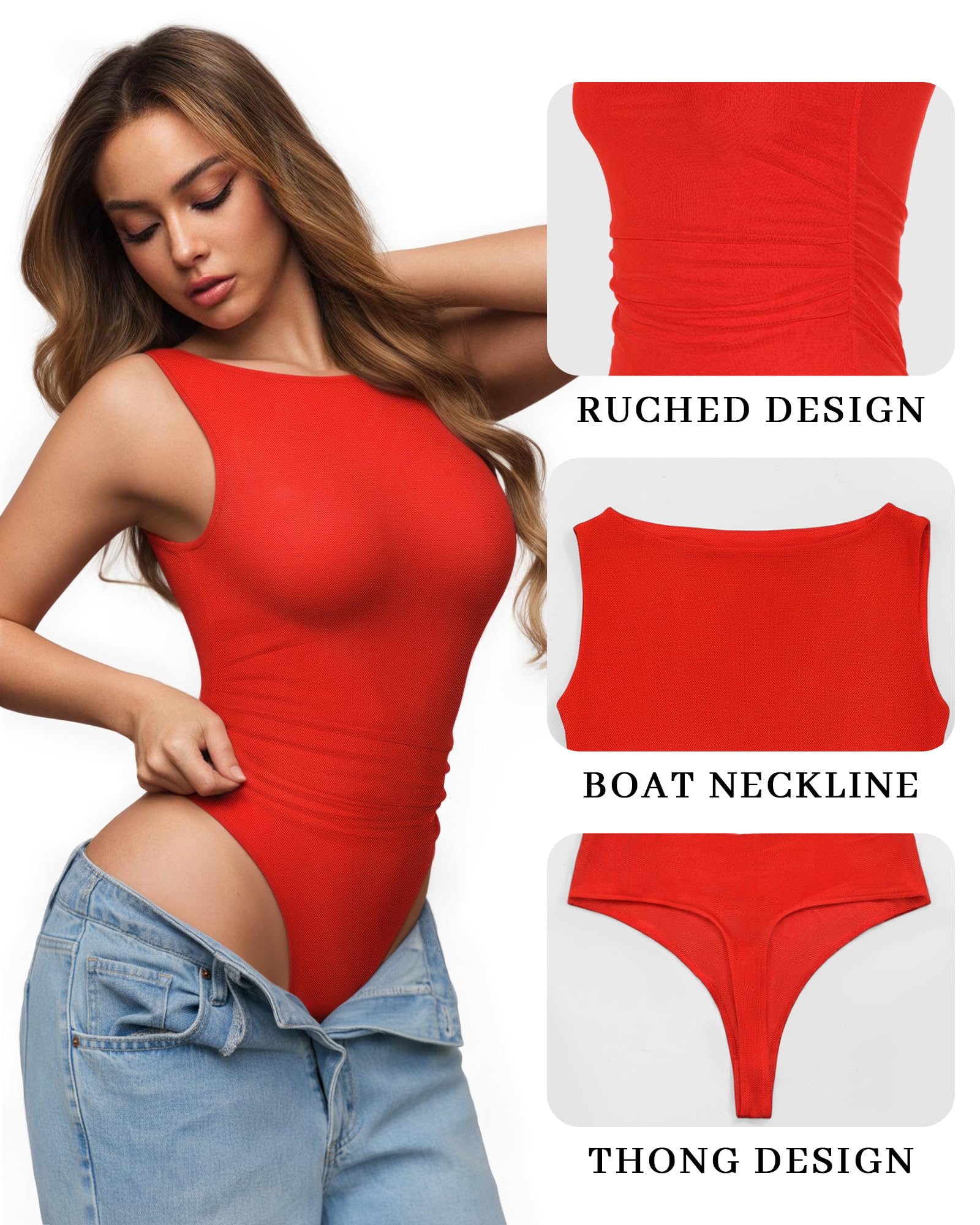 MANGOPOP Women's Tank Top Mesh Ruched Bodysuit Boat Neck