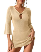 MANGOPOP Women's Crochet Swimsuit Cover Up 3/4 Sleeve Bathing Suit Cover Ups Knit Cutout Vacation Beach Coverup Dress