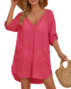 MANGOPOP Womens Swimsuit Cover Up Shirt V Neck 3/4 Sleeve Bathing Suit Coverup 2026 Summer Vacation Beach Cover Ups Outfits