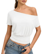 MANGOPOP Off The Shoulder Tops for Women Short Sleeve Asymmetrical Cinched Waist Casual Loose Going Out Trendy Y2k Tops 2026