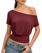 MANGOPOP Off The Shoulder Tops for Women Short Sleeve Asymmetrical Cinched Waist Casual Loose Going Out Trendy Y2k Tops 2026