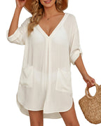 MANGOPOP Womens Swimsuit Cover Up Shirt V Neck 3/4 Sleeve Bathing Suit Coverup 2026 Summer Vacation Beach Cover Ups Outfits