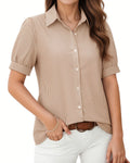 MANGOPOP Striped Button Down Shirt for Women Puff Short Sleeve Blouse Business Casual Tops Trendy 2026 Summer