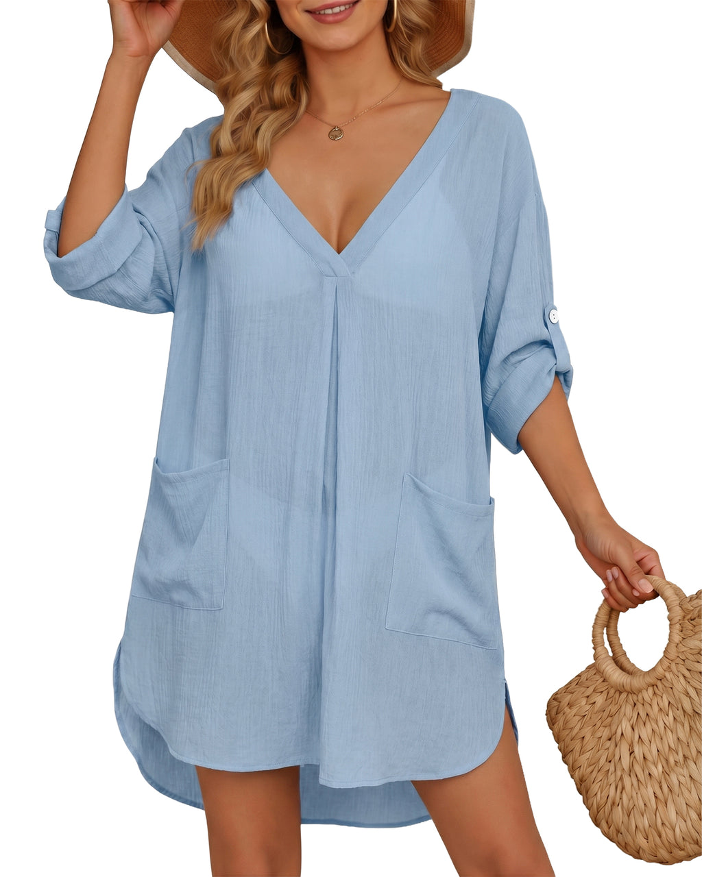 MANGOPOP Womens Swimsuit Cover Up Shirt V Neck 3/4 Sleeve Bathing Suit Coverup 2026 Summer Vacation Beach Cover Ups Outfits