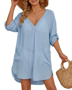 MANGOPOP Womens Swimsuit Cover Up Shirt V Neck 3/4 Sleeve Bathing Suit Coverup 2026 Summer Vacation Beach Cover Ups Outfits