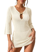 MANGOPOP Women's Crochet Swimsuit Cover Up 3/4 Sleeve Bathing Suit Cover Ups Knit Cutout Vacation Beach Coverup Dress