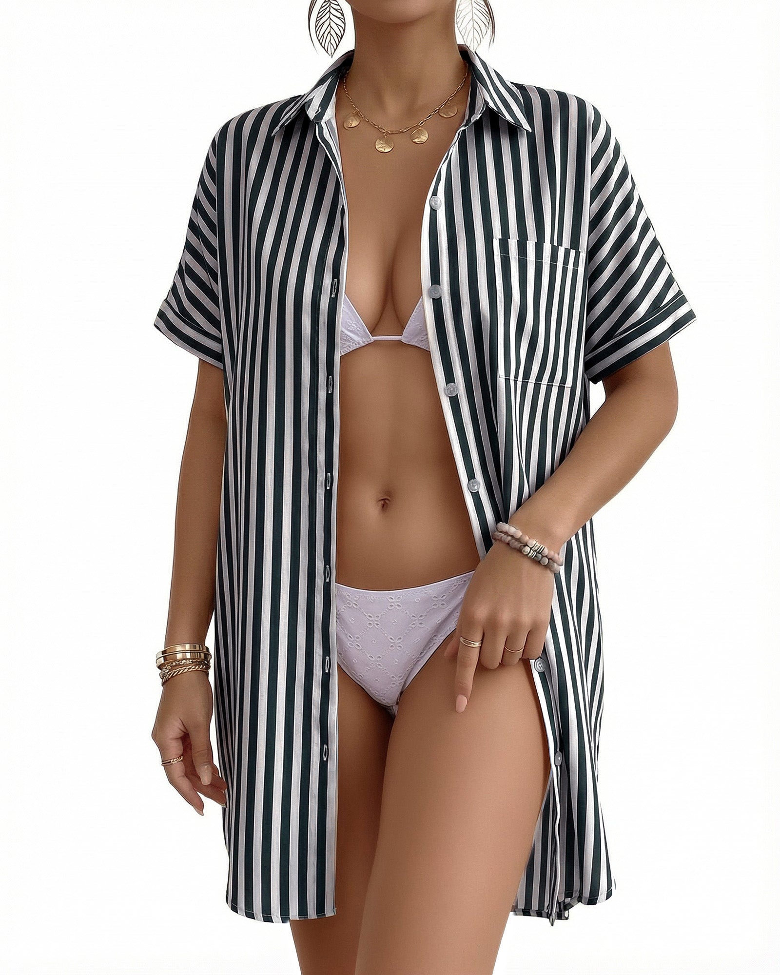 MANGOPOP Swimsuit Coverup for Women Striped Bathing Suit Cover Up Button Down Shirt Beach Cover Ups Dress 2026 Summer Outfits