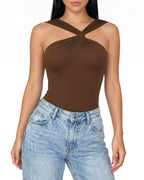 MANGOPOP Women's Twist Knot Asymmetrical Sleeveless Bodysuits Sexy Double Lined Thong Body Suit Top 2026
