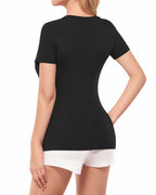 MANGOPOP Women's V Neck Short Sleeve Long Sleeve Slim Fit T Shirt Tunic Tops Tee