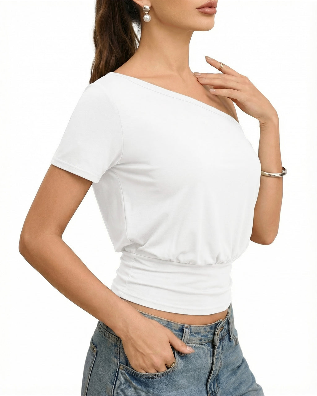 MANGOPOP Off The Shoulder Tops for Women Short Sleeve Asymmetrical Cinched Waist Casual Loose Going Out Trendy Y2k Tops 2026