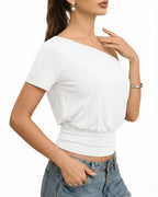 MANGOPOP Off The Shoulder Tops for Women Short Sleeve Asymmetrical Cinched Waist Casual Loose Going Out Trendy Y2k Tops 2026