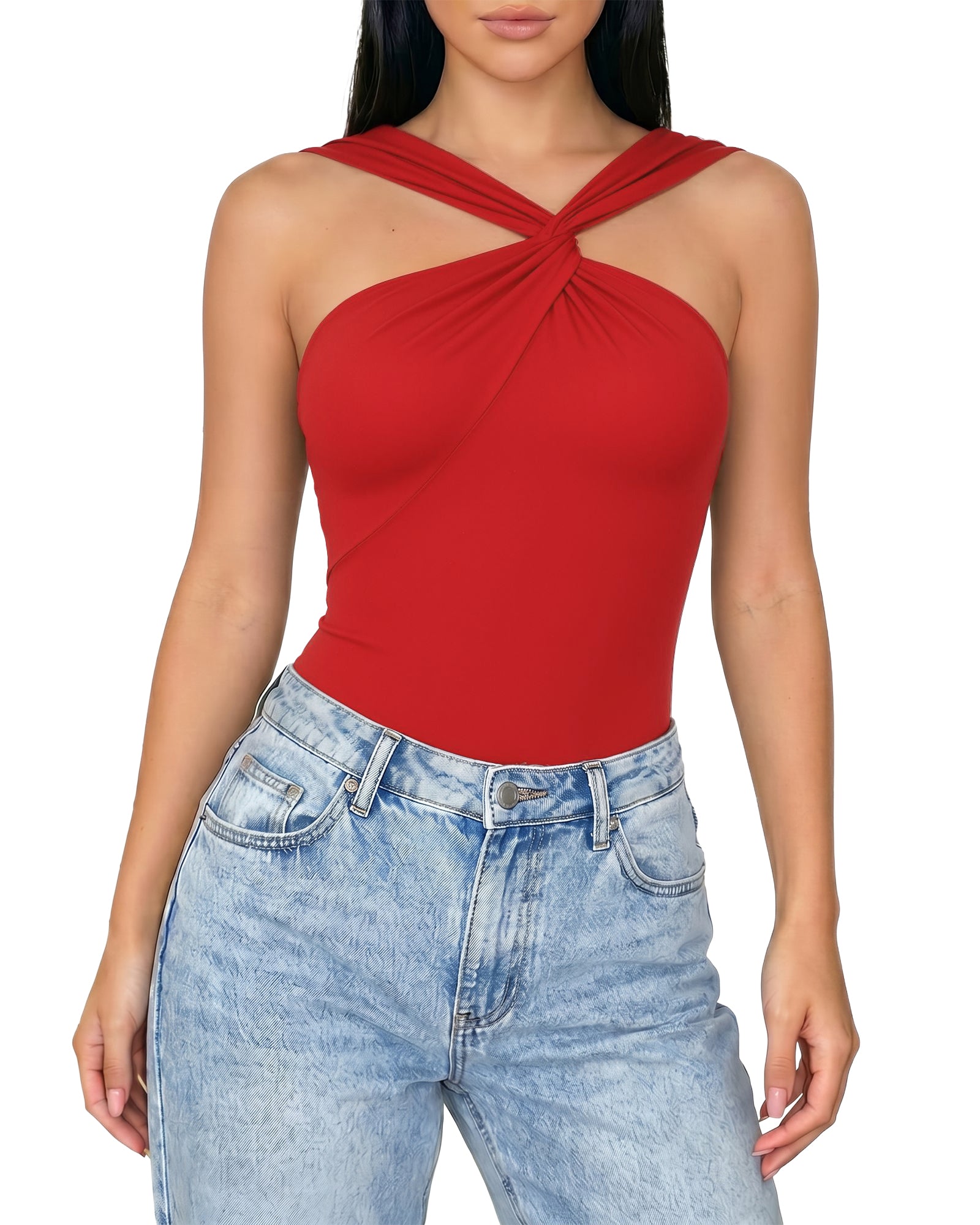 MANGOPOP Women's Twist Knot Asymmetrical Sleeveless Bodysuits Sexy Double Lined Thong Body Suit Top 2026