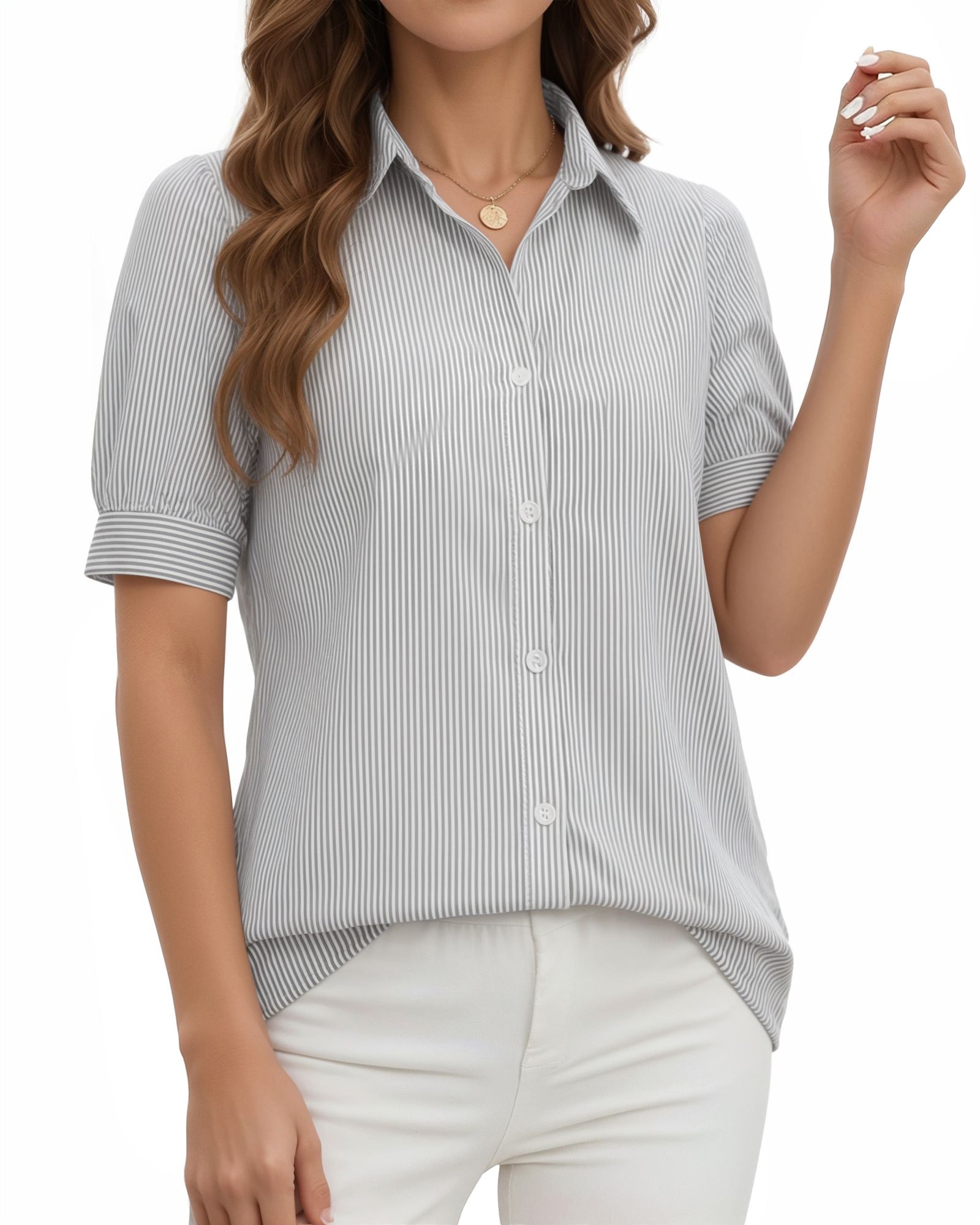 MANGOPOP Striped Button Down Shirt for Women Puff Short Sleeve Blouse Business Casual Tops Trendy 2026 Summer
