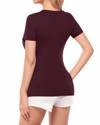 MANGOPOP Women's V Neck Short Sleeve Long Sleeve Slim Fit T Shirt Tunic Tops Tee