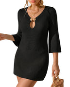 MANGOPOP Women's Crochet Swimsuit Cover Up 3/4 Sleeve Bathing Suit Cover Ups Knit Cutout Vacation Beach Coverup Dress