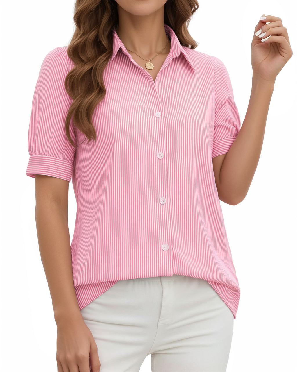 MANGOPOP Striped Button Down Shirt for Women Puff Short Sleeve Blouse Business Casual Tops Trendy 2026 Summer