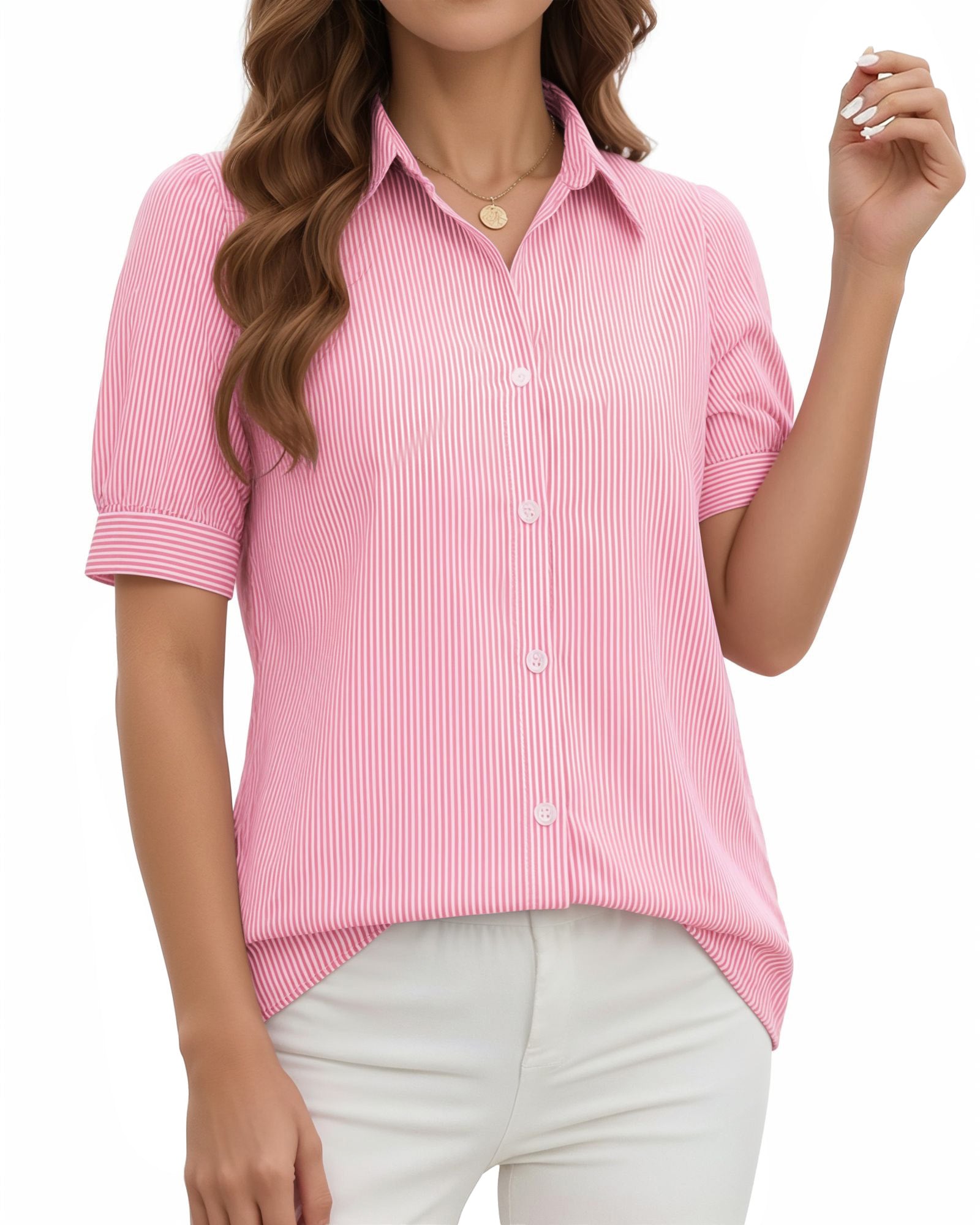 MANGOPOP Striped Button Down Shirt for Women Puff Short Sleeve Blouse Business Casual Tops Trendy 2026 Summer