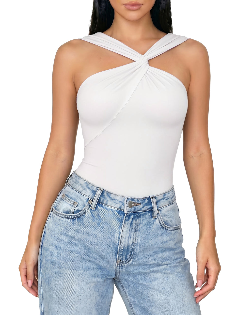 MANGOPOP Women's Twist Knot Asymmetrical Sleeveless Bodysuits Sexy Double Lined Thong Body Suit Top 2026