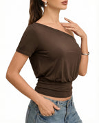 MANGOPOP Off The Shoulder Tops for Women Short Sleeve Asymmetrical Cinched Waist Casual Loose Going Out Trendy Y2k Tops 2026