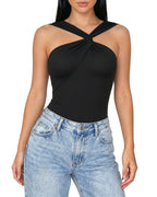 MANGOPOP Women's Twist Knot Asymmetrical Sleeveless Bodysuits Sexy Double Lined Thong Body Suit Top 2026