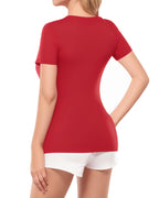 MANGOPOP Women's V Neck Short Sleeve Long Sleeve Slim Fit T Shirt Tunic Tops Tee