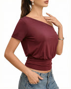 MANGOPOP Off The Shoulder Tops for Women Short Sleeve Asymmetrical Cinched Waist Casual Loose Going Out Trendy Y2k Tops 2026