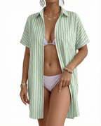 MANGOPOP Swimsuit Coverup for Women Striped Bathing Suit Cover Up Button Down Shirt Beach Cover Ups Dress 2026 Summer Outfits