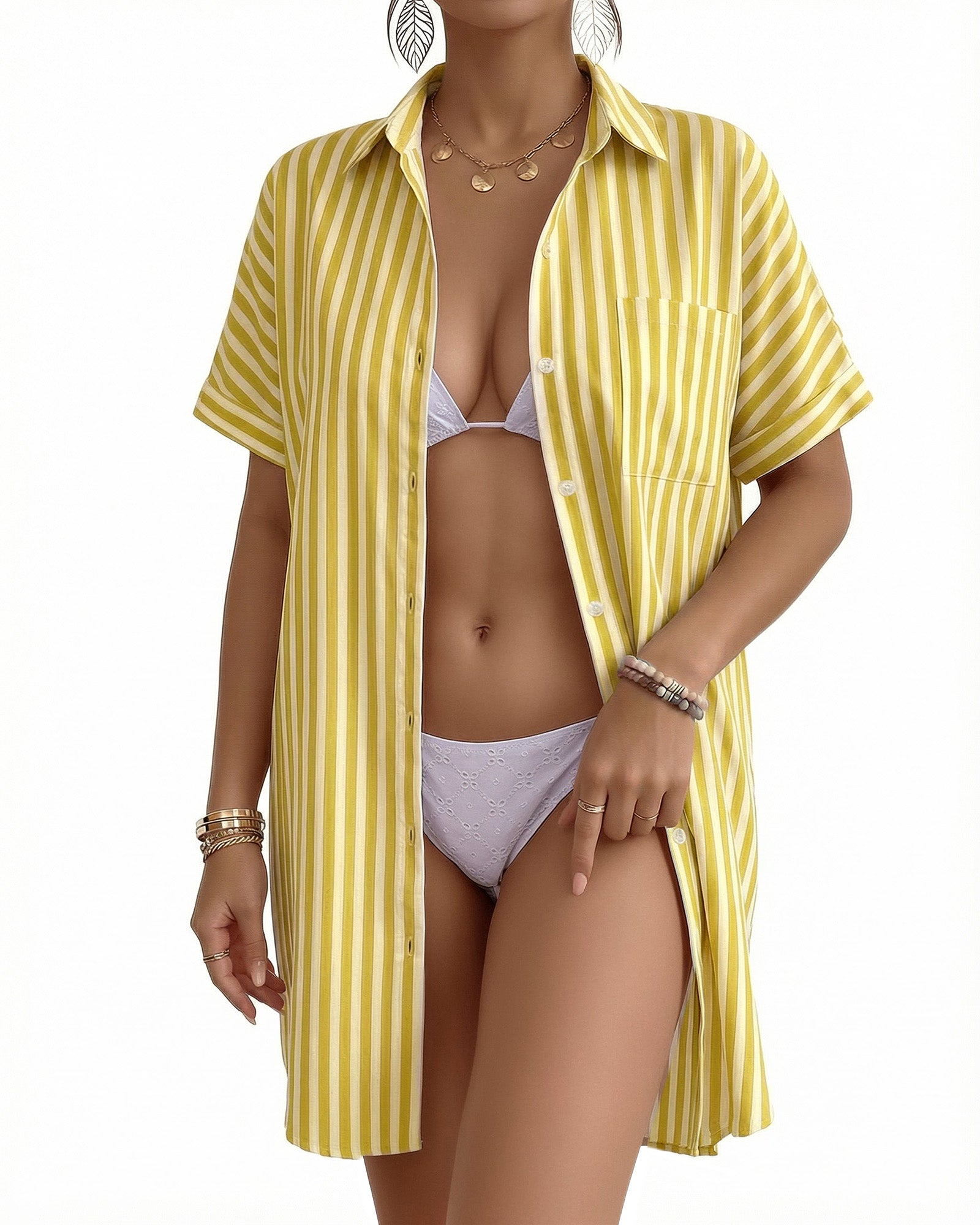 MANGOPOP Swimsuit Coverup for Women Striped Bathing Suit Cover Up Button Down Shirt Beach Cover Ups Dress 2026 Summer Outfits