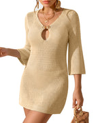MANGOPOP Women's Crochet Swimsuit Cover Up 3/4 Sleeve Bathing Suit Cover Ups Knit Cutout Vacation Beach Coverup Dress