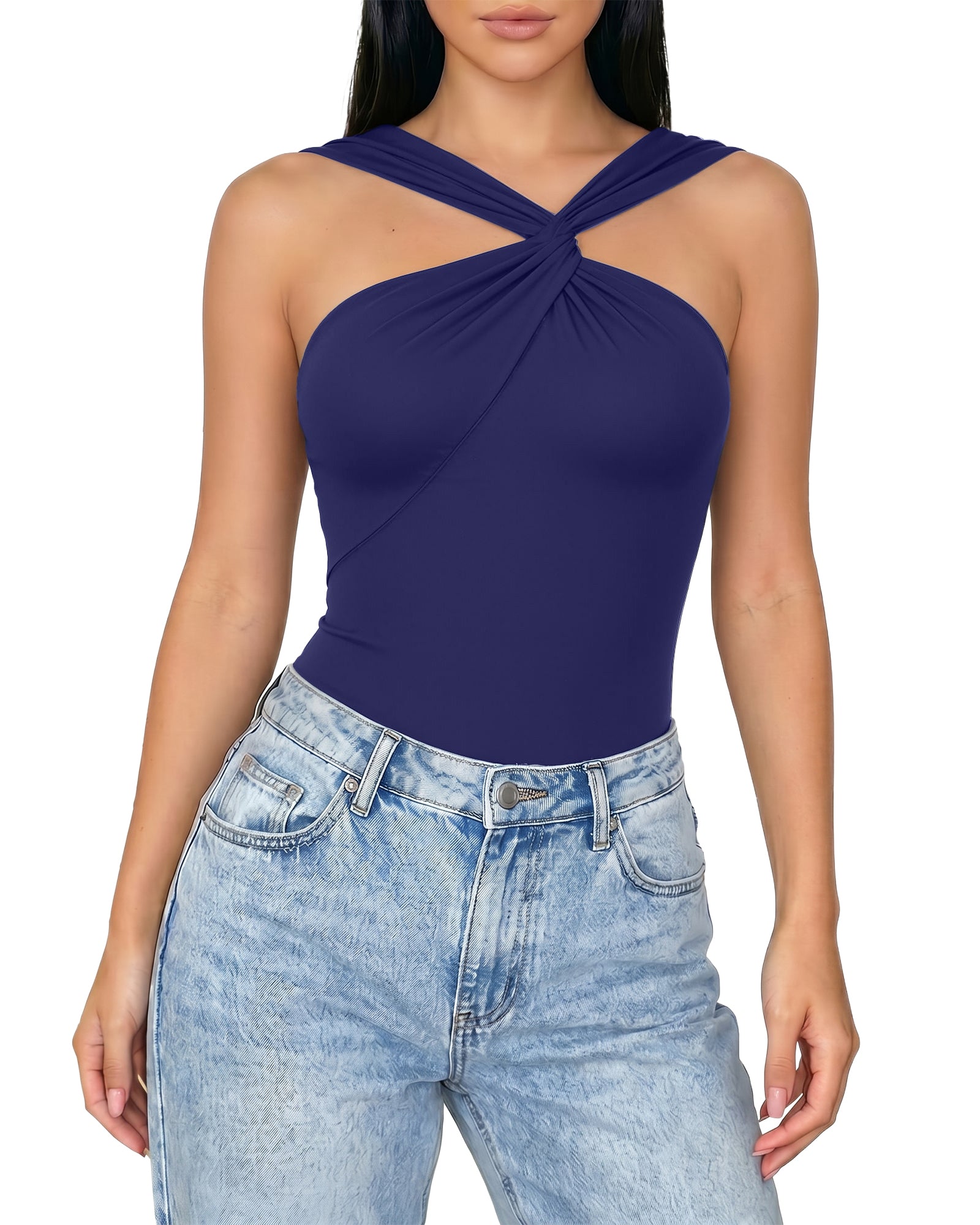 MANGOPOP Women's Twist Knot Asymmetrical Sleeveless Bodysuits Sexy Double Lined Thong Body Suit Top 2026