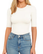 MANGOPOP Women's Half Sleeve Crew Neck Bodysuit 3/4 Sleeve Body Suit Slim Fit Going Out Tops