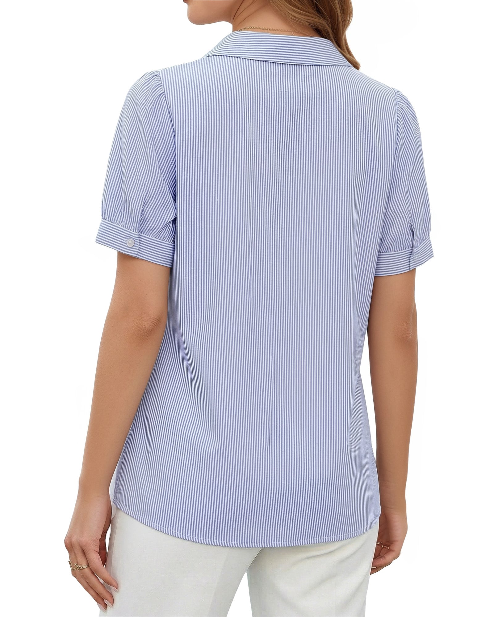 MANGOPOP Striped Button Down Shirt for Women Puff Short Sleeve Blouse Business Casual Tops Trendy 2026 Summer