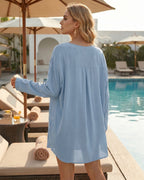 MANGOPOP Womens Swimsuit Cover Up Shirt V Neck 3/4 Sleeve Bathing Suit Coverup 2026 Summer Vacation Beach Cover Ups Outfits